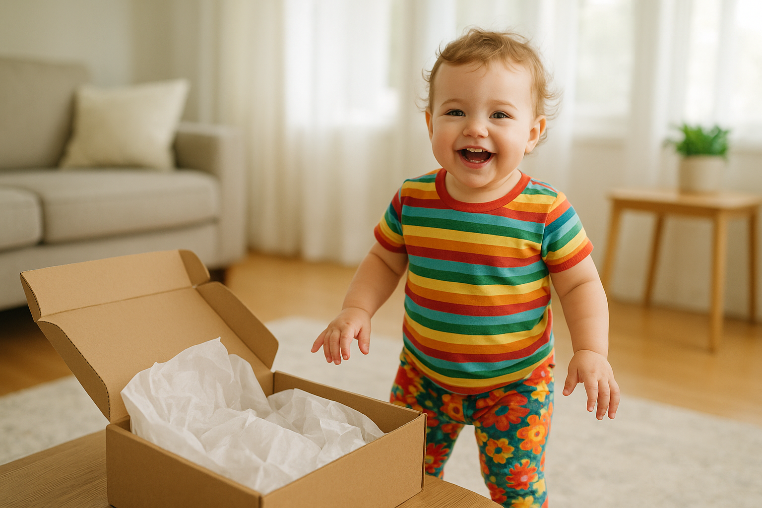 Toddler wearing an outfit from a children's clothing delivery subscription box