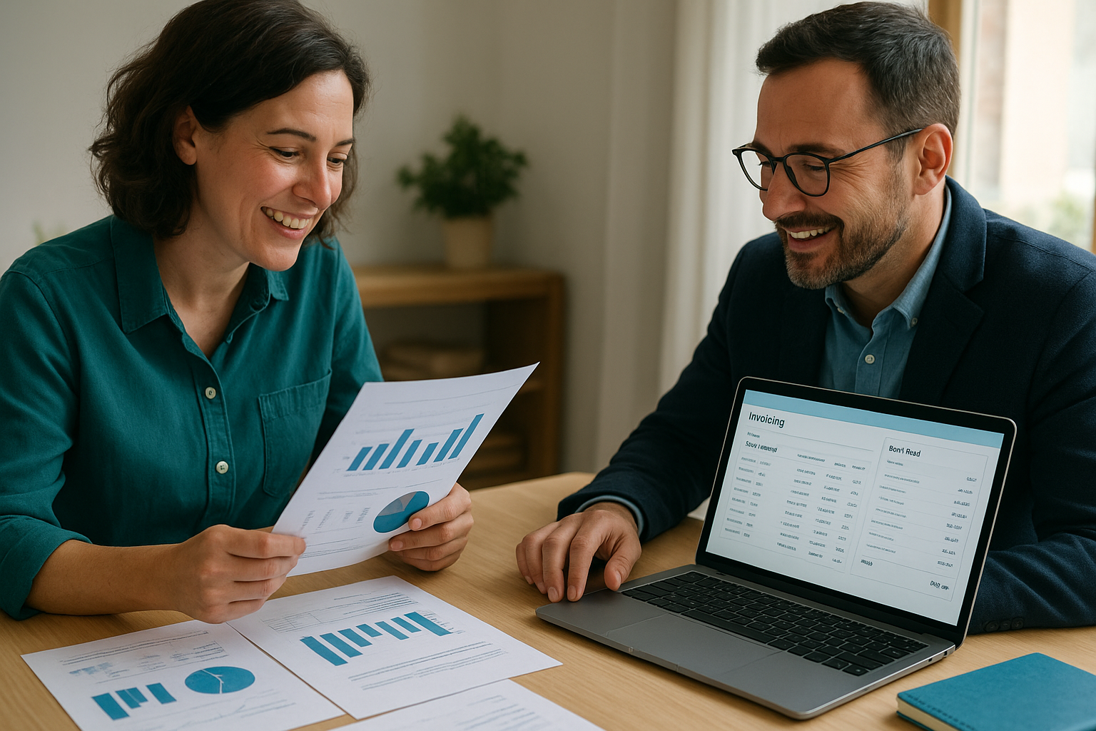 Small business owner and accountant reviewing invoicing and bank feed reports together