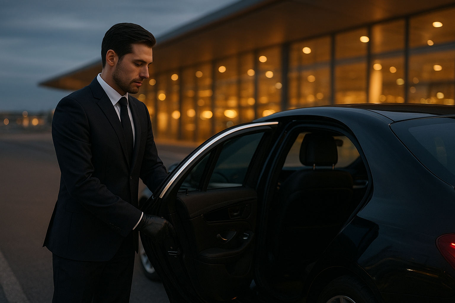 Chauffeur opening the door of an executive vehicle for a long distance airport transfer