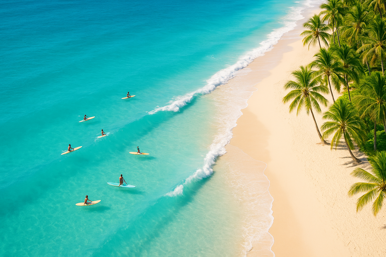 Aerial view of Waikiki Beach with gentle waves perfect for beginner surf lessons