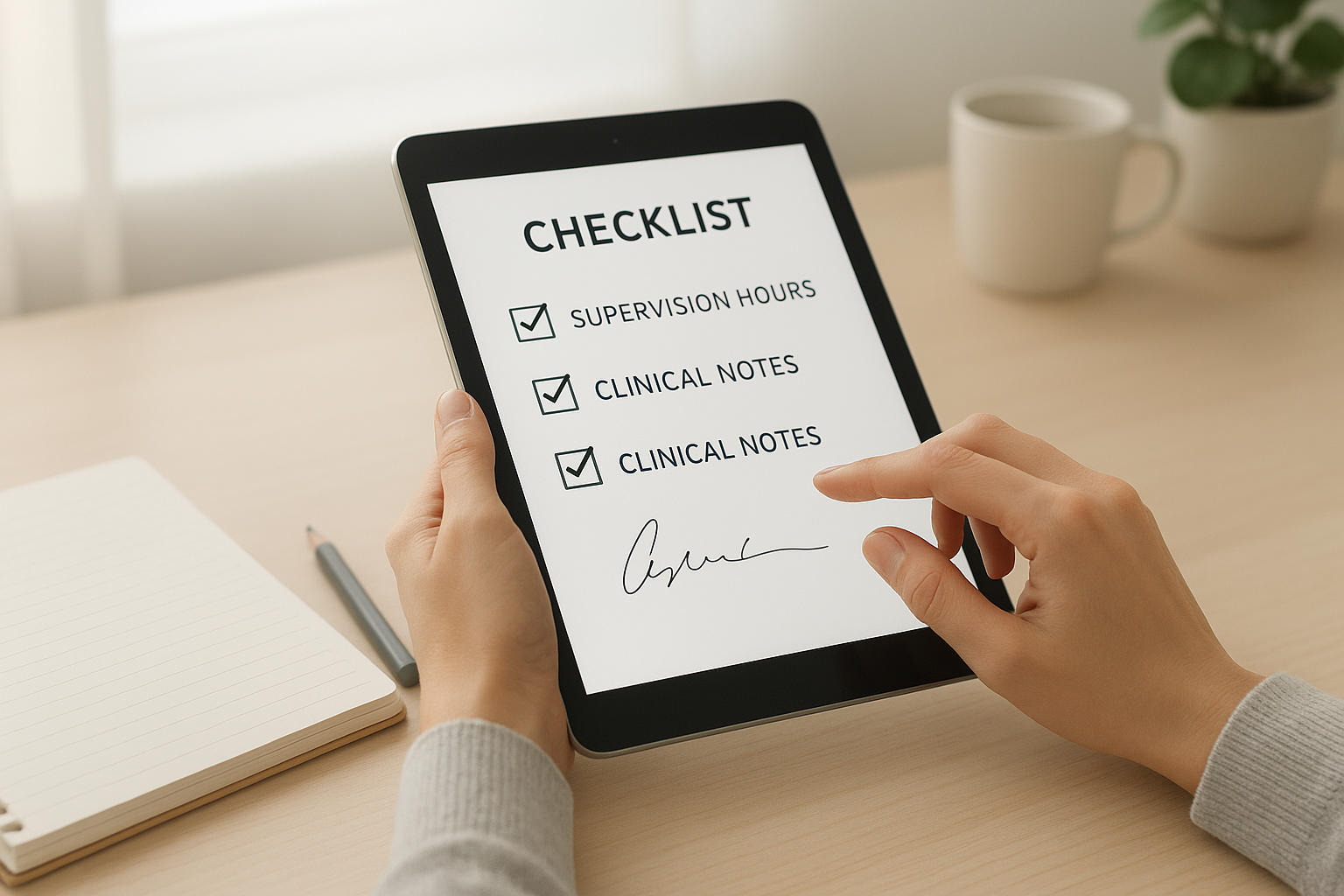 Tablet screen showing supervision hour checklist used in behavioral health group practice