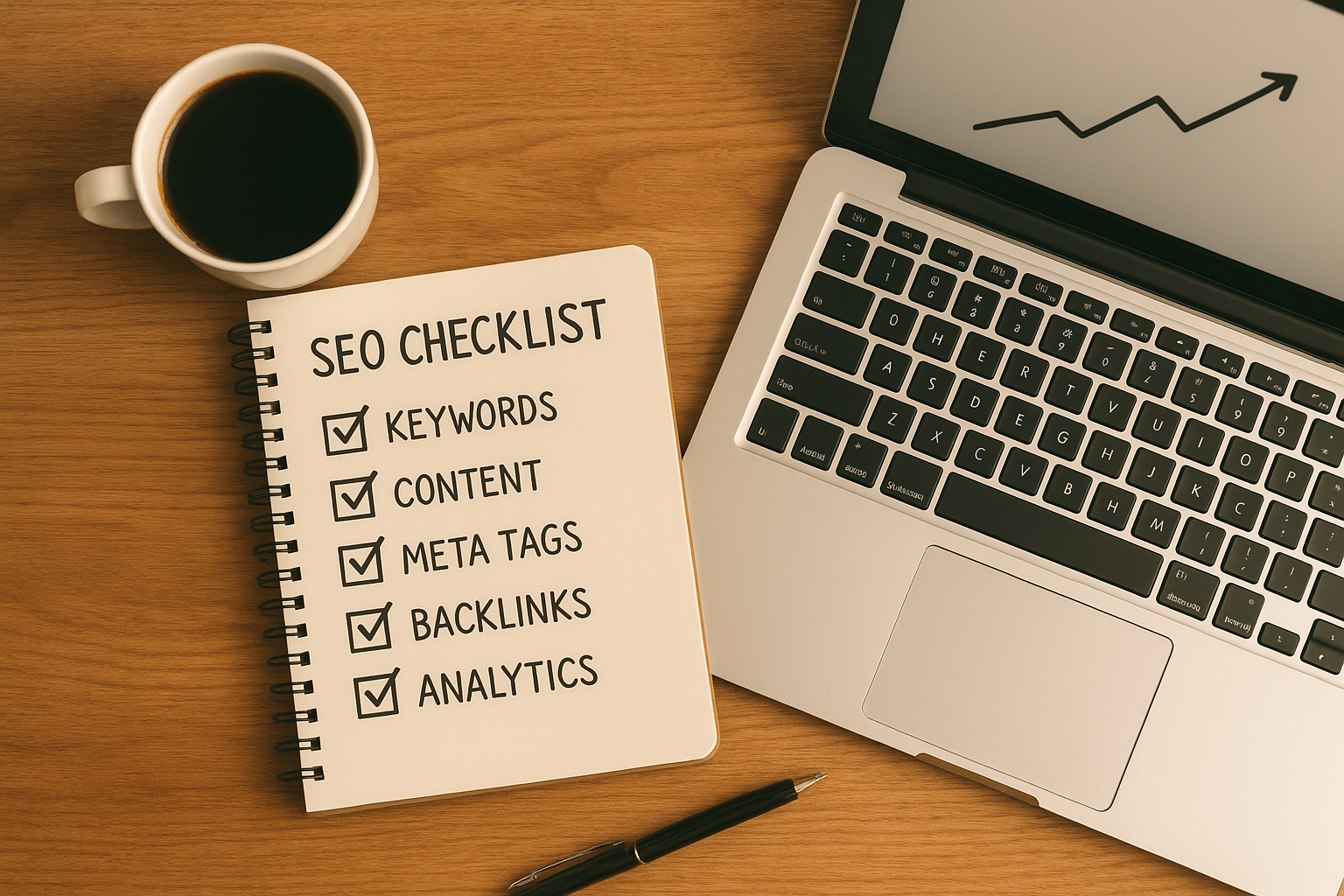 Five-step SEO improvement checklist on a desk representing the process to achieve a good SEO score