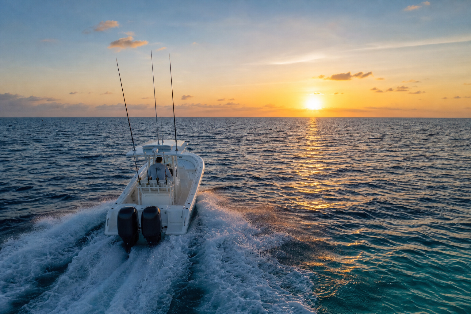 Offshore charter boat heading toward open water at sunrise representing a higher north myrtle beach private guided fishing tour price tier