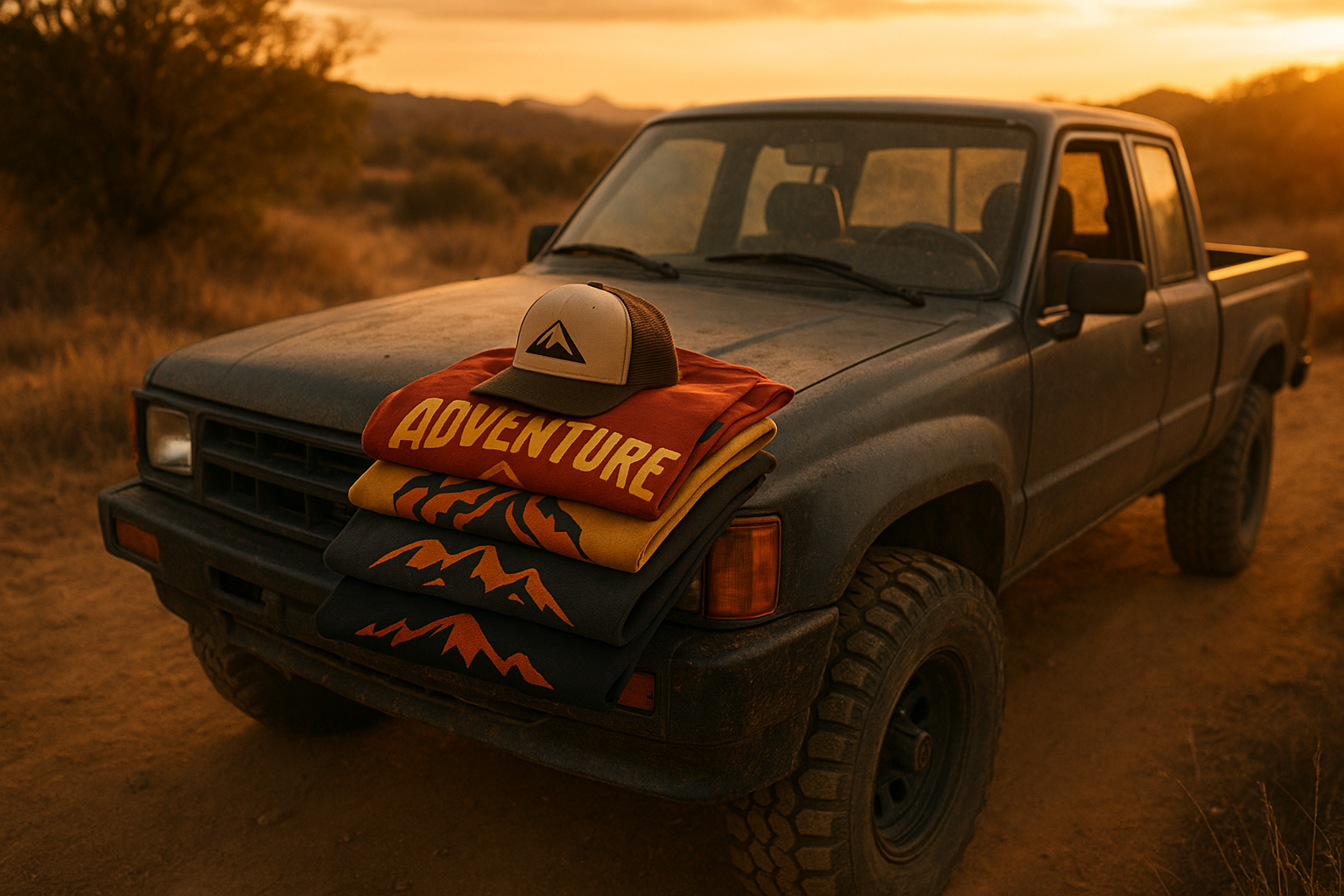 Folded custom off-roading apparel stacked on a truck hood on a dusty trail