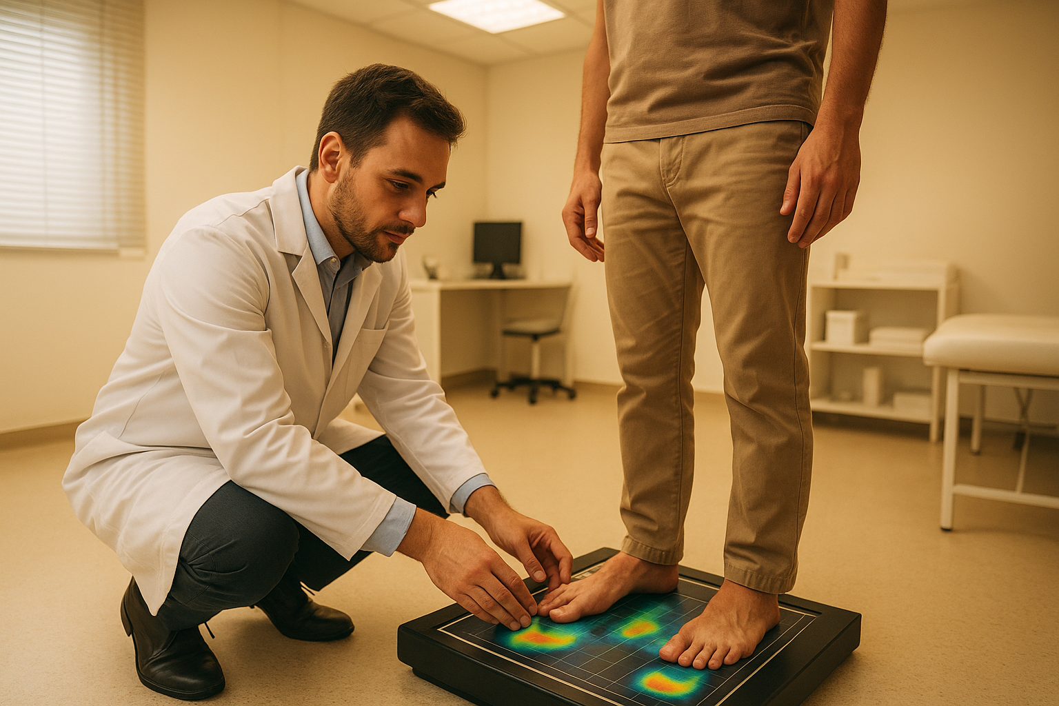Podiatrist performing gait analysis to design personalized flat foot arch support solutions