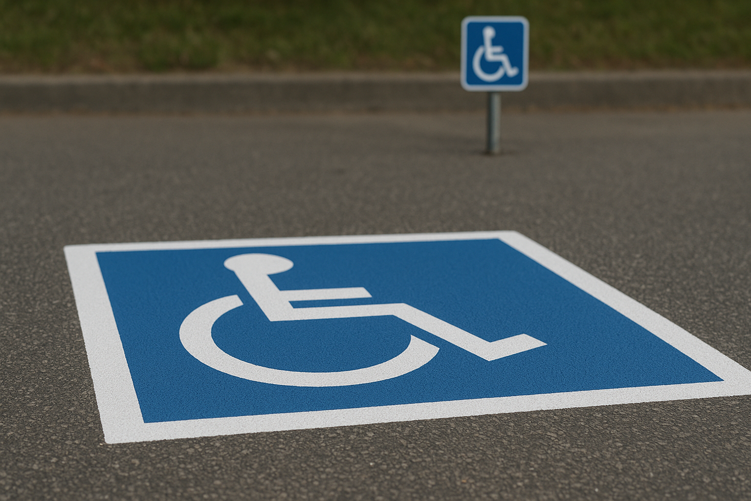 ADA compliant handicap parking symbol painted on a commercial parking lot