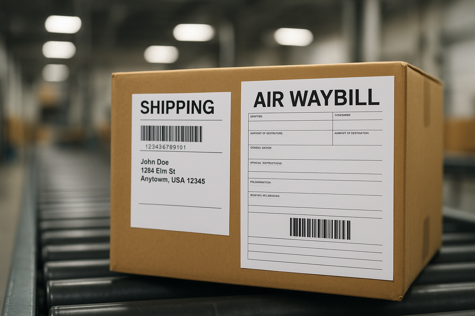 Air waybill tracking number attached to a cargo shipment on a conveyor