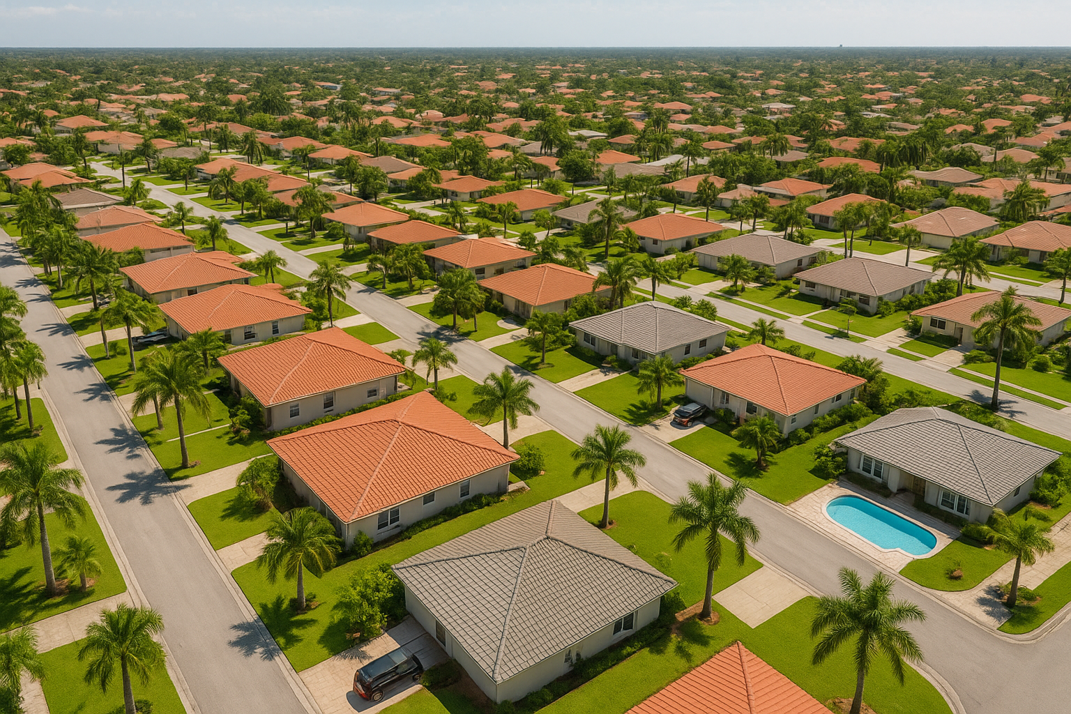 Aerial view of a South Florida neighborhood featuring rows of ranch-style single-story homes