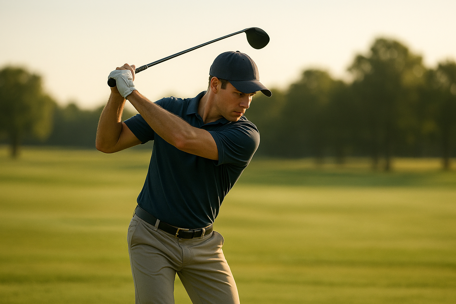 Golfer demonstrating proper balance at the top of the backswing on a driving range