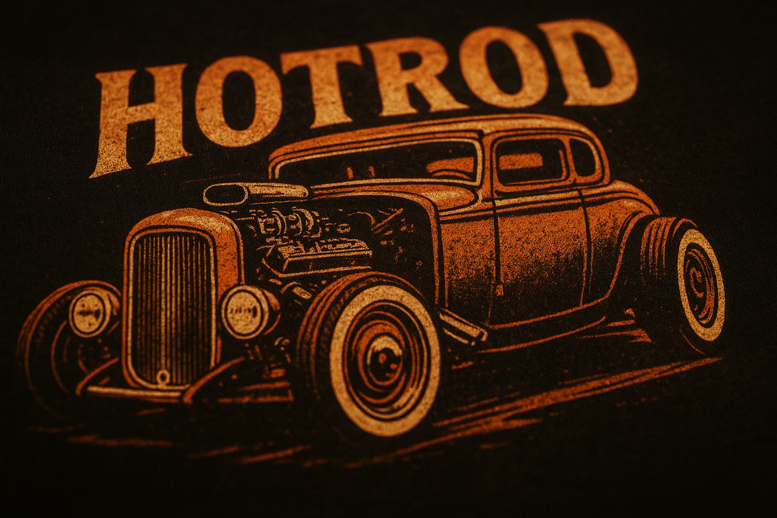 Close-up of a vintage hot rod graphic printed on a bold statement shirt