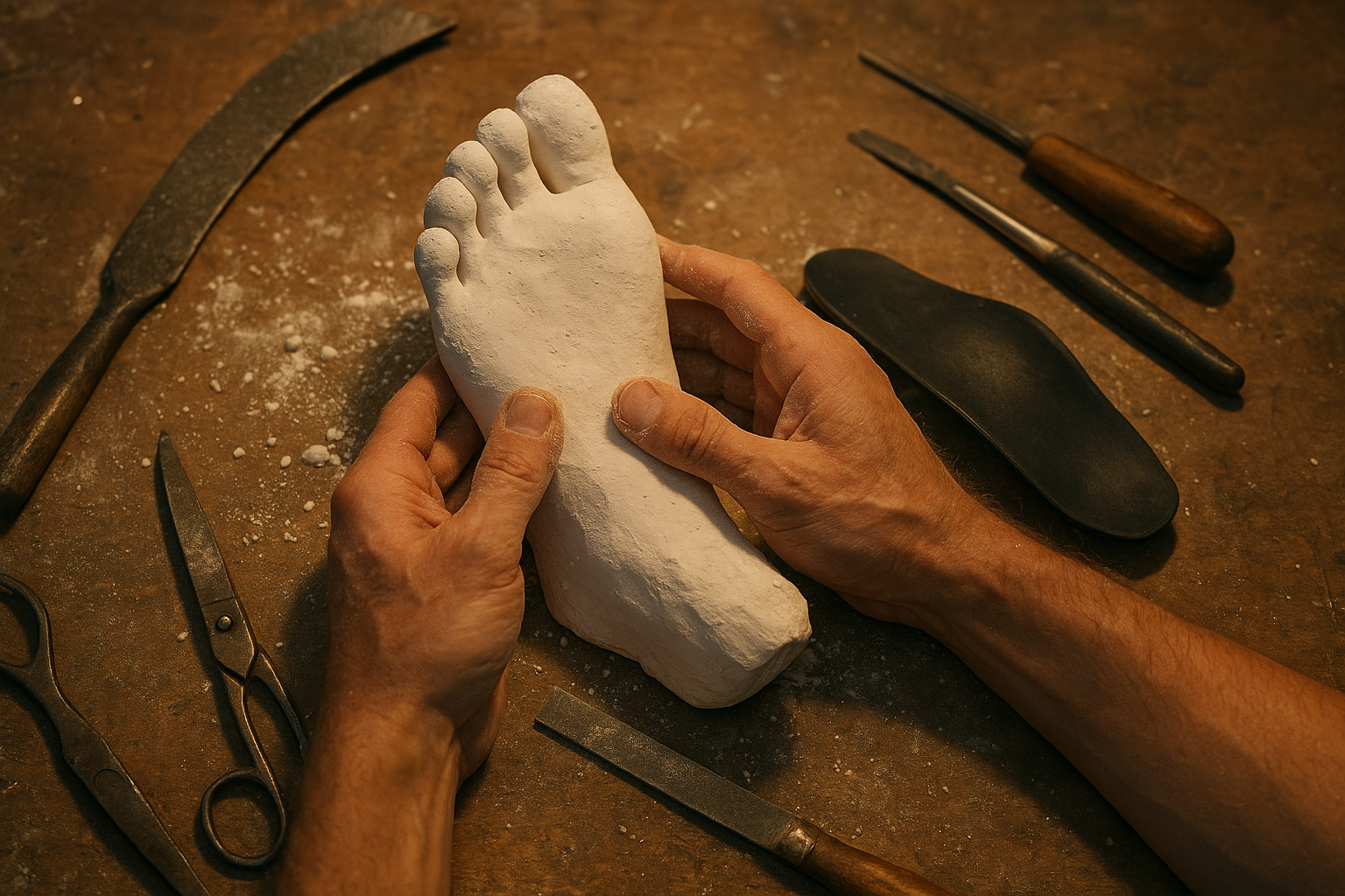 Technician hand-fabricating a custom orthotic device from a plaster foot mold