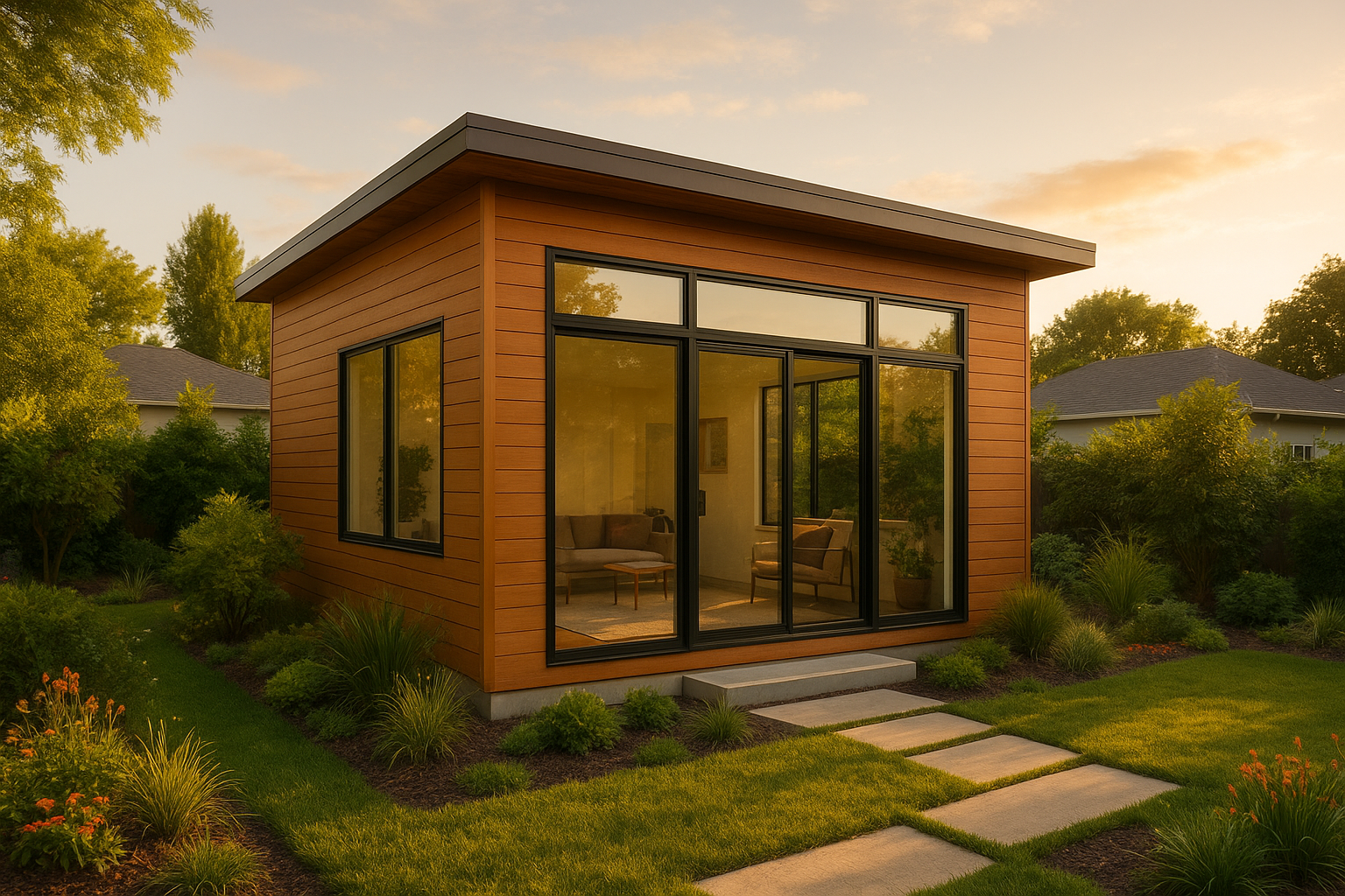 Modern freestanding ADU unit with wood exterior and large windows in a sunny Southern California backyard