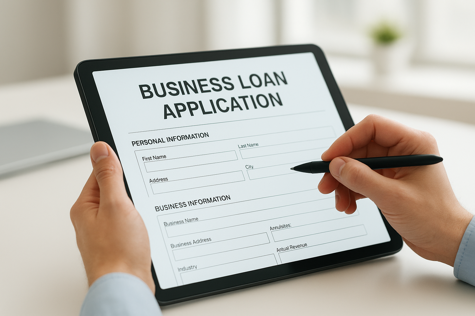 Hands completing a digital business financing application on a tablet