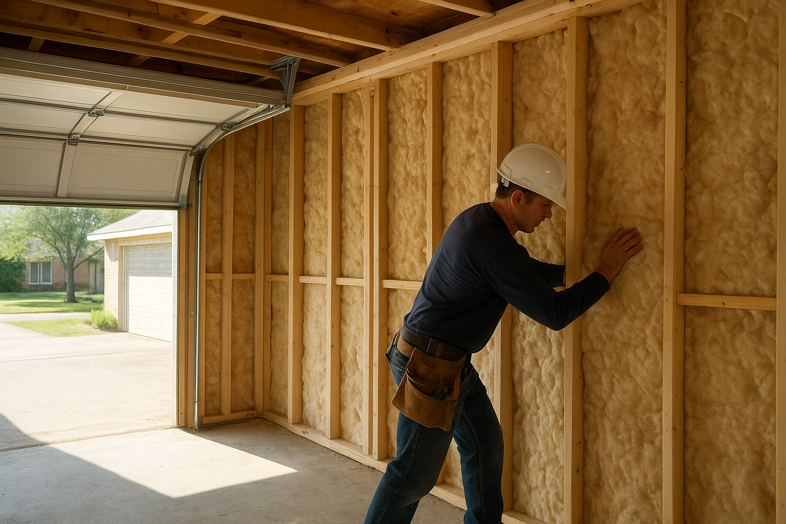 Contractor framing and insulating a garage during an ADU conversion project