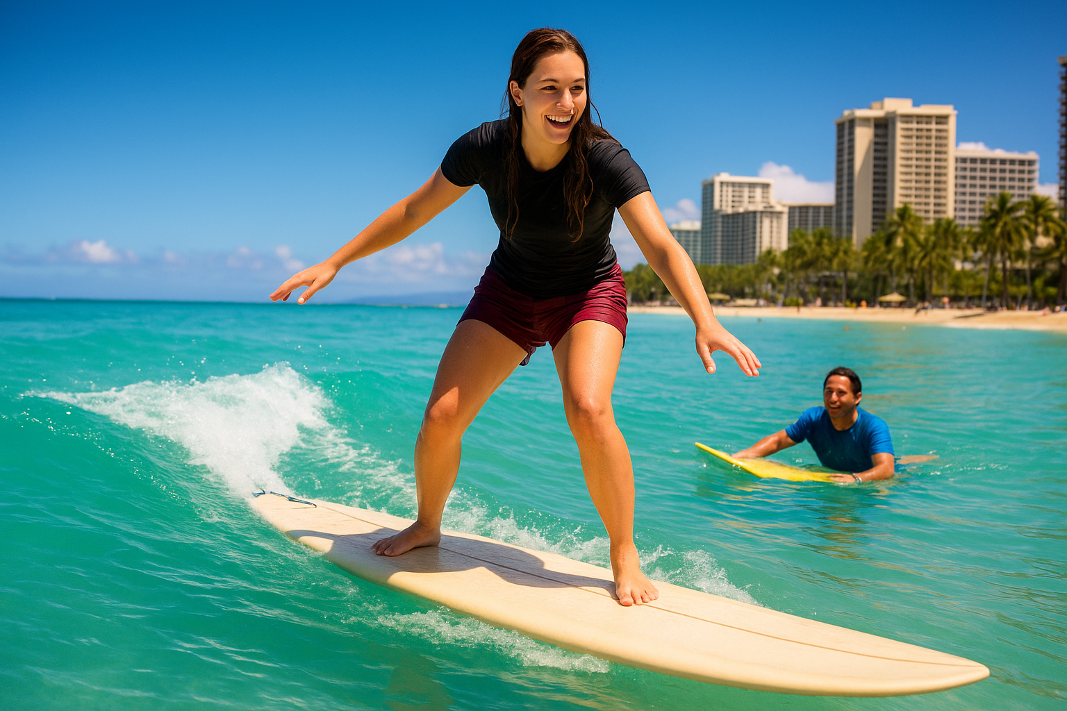 Beginner employee riding a wave during corporate surf events in Waikiki with instructor support nearby