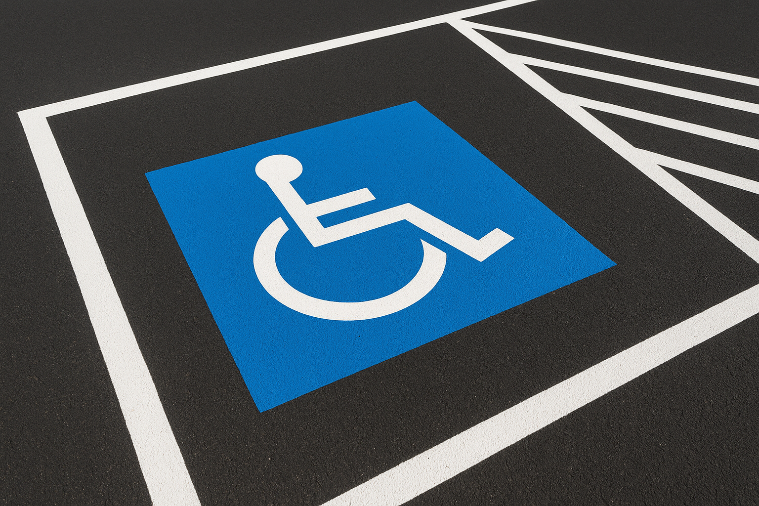 Freshly painted ADA handicap symbol and access aisle hash markings in a Dallas commercial parking lot with code-compliant stall dimensions
