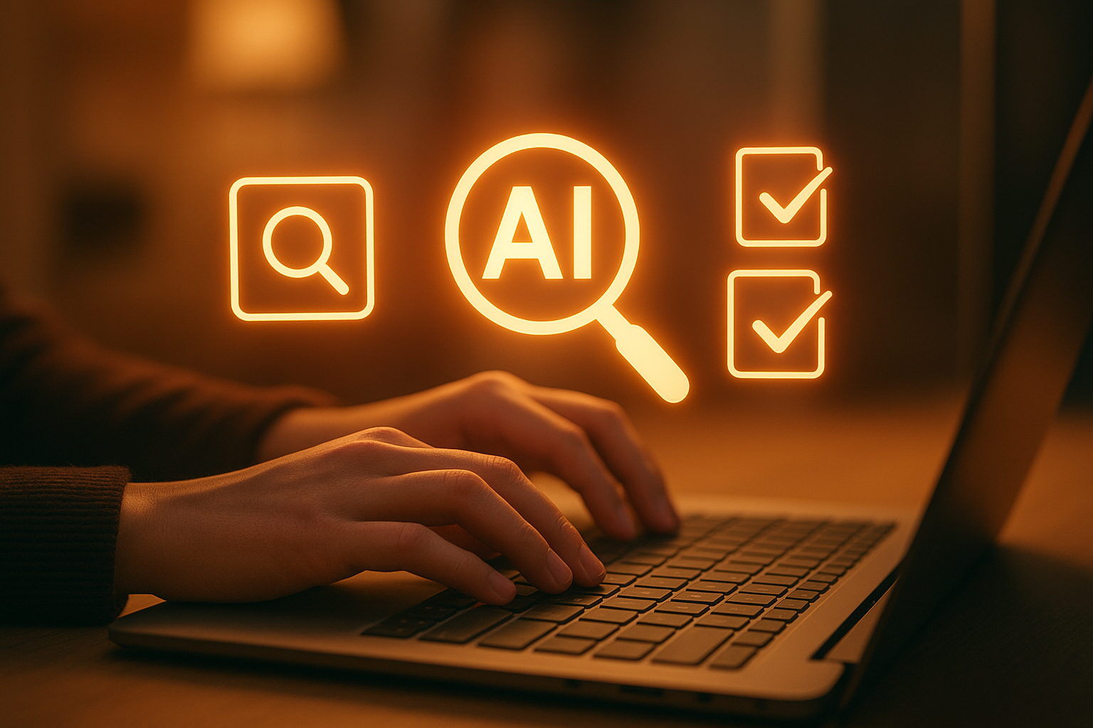 Marketer using automation tools to configure GEO and AEO settings on a laptop