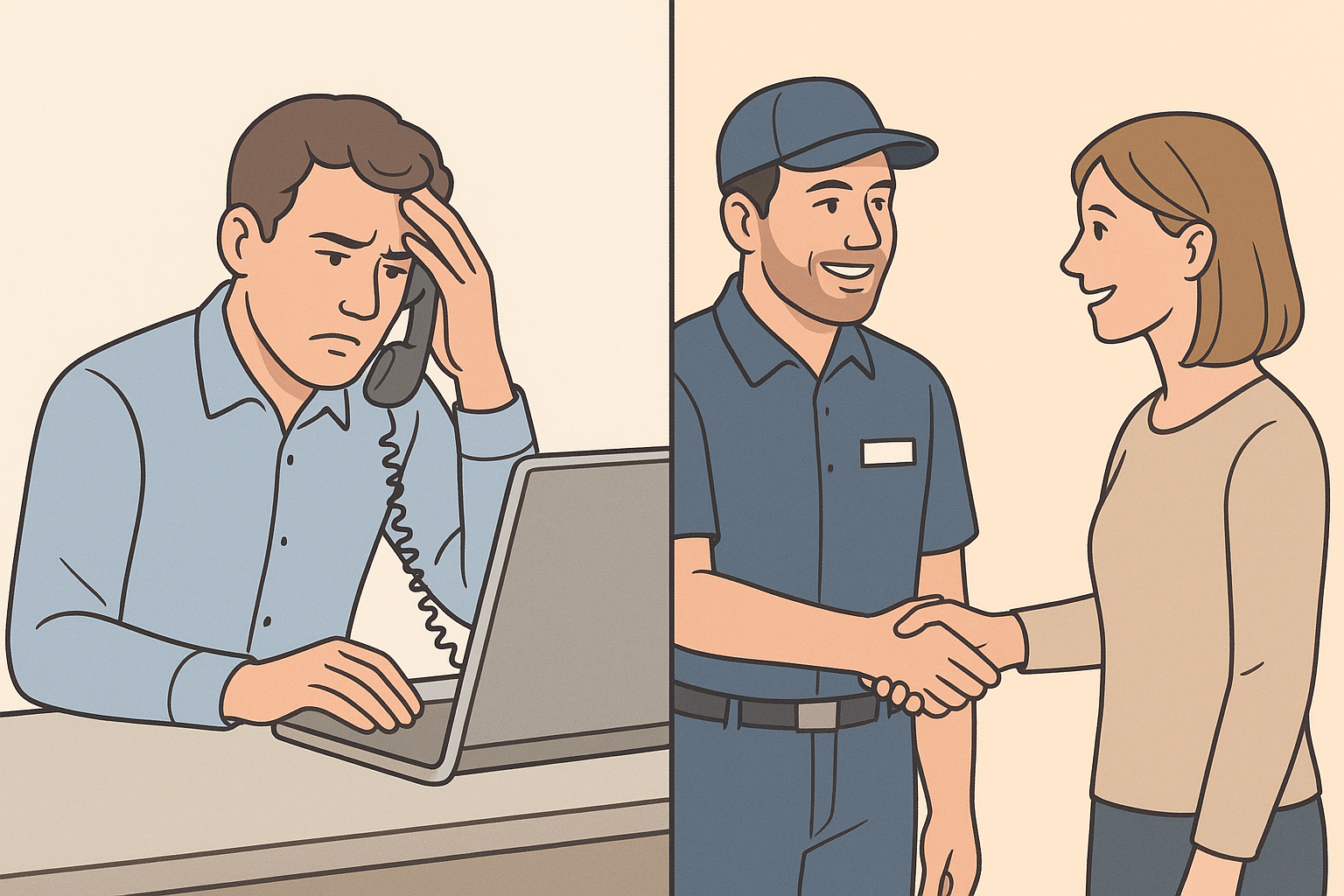 Comparison of a frustrated customer and a satisfied customer representing competitor review contrast