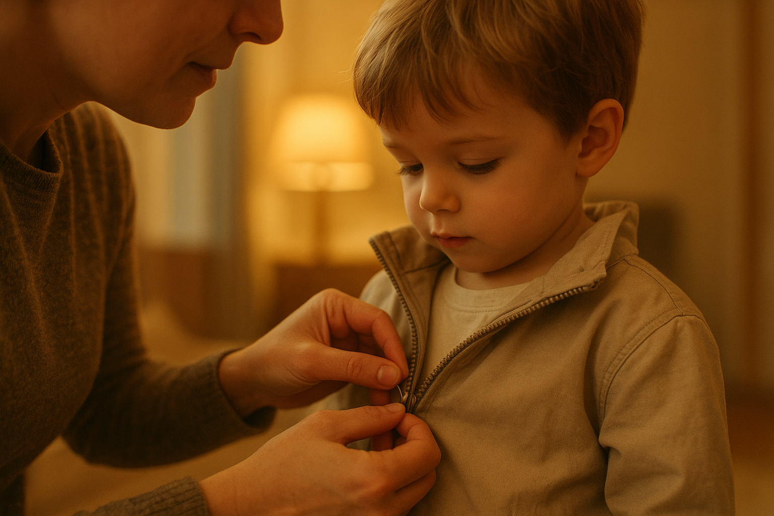 Parent layering a child's clothing for outdoor weather as part of healthy dressing habits for kids