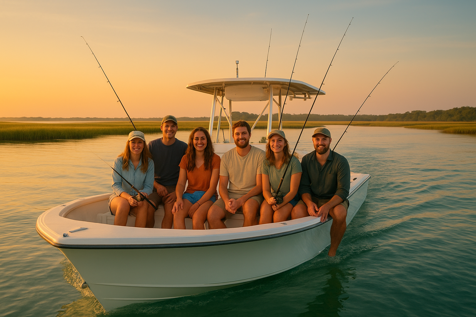 Group of friends celebrating Myrtle Beach private fishing trips for groups aboard a charter boat at sunrise