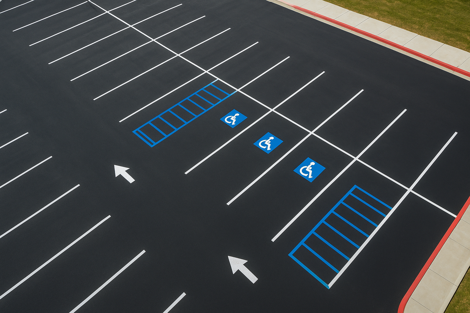 Freshly striped commercial parking lot showing highmark traffic services with ADA spaces and fire lane markings