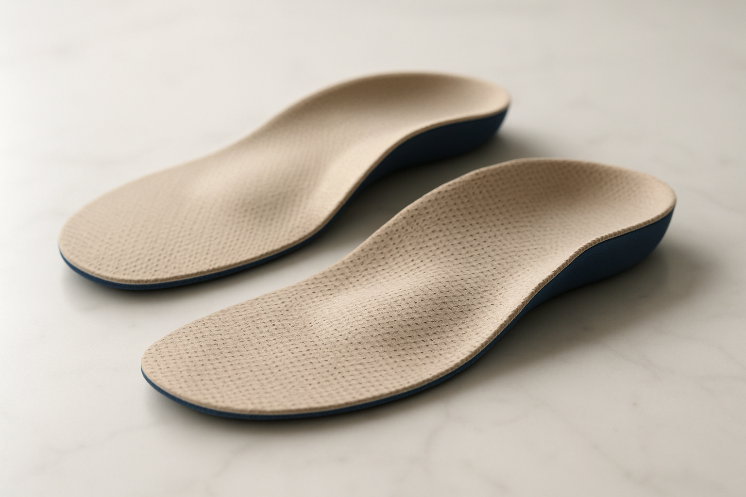 High-quality orthotics with contoured arch support and heel cupping on a white surface