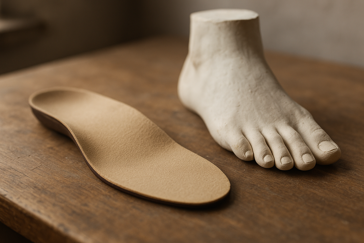 Custom orthotics for severe foot pain being hand-fabricated from a plaster foot mold