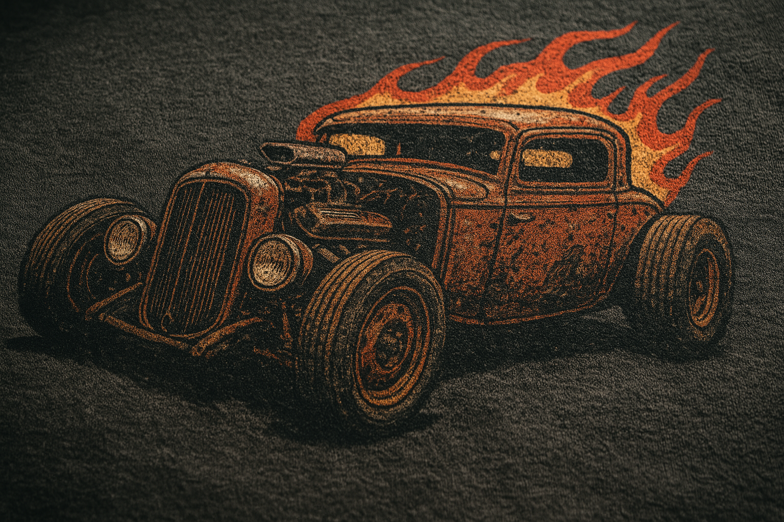Close-up of a screen-printed rat rod shirt graphic on soft-feel cotton fabric