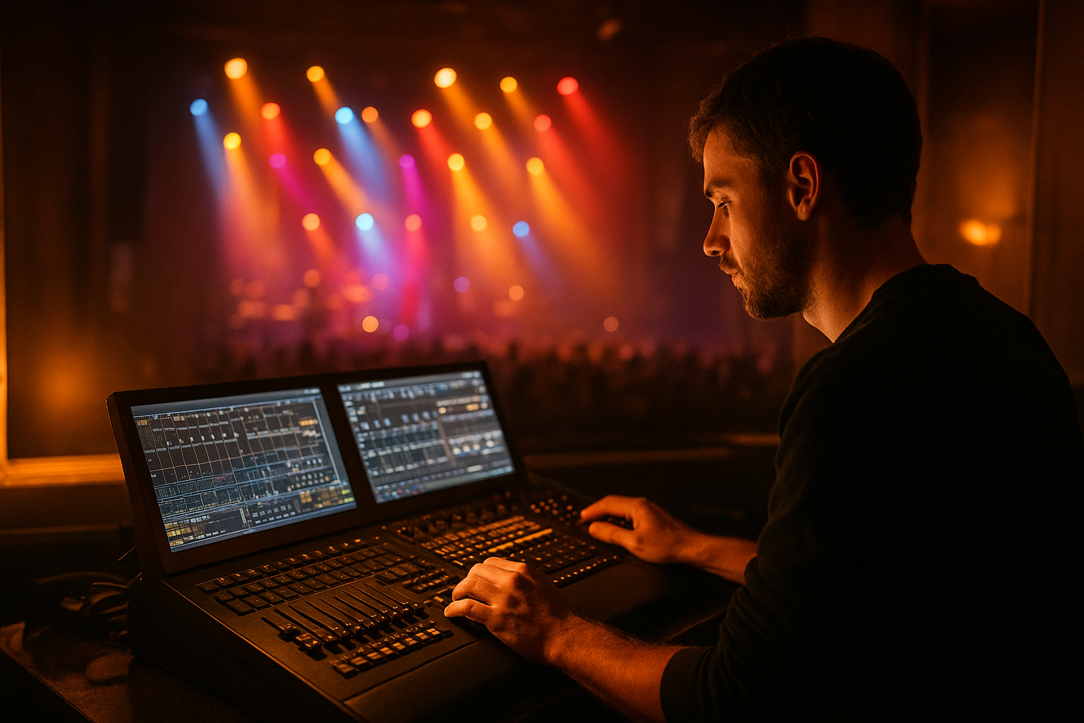 Lighting technician operating a DMX console for live performance lighting at a professional event