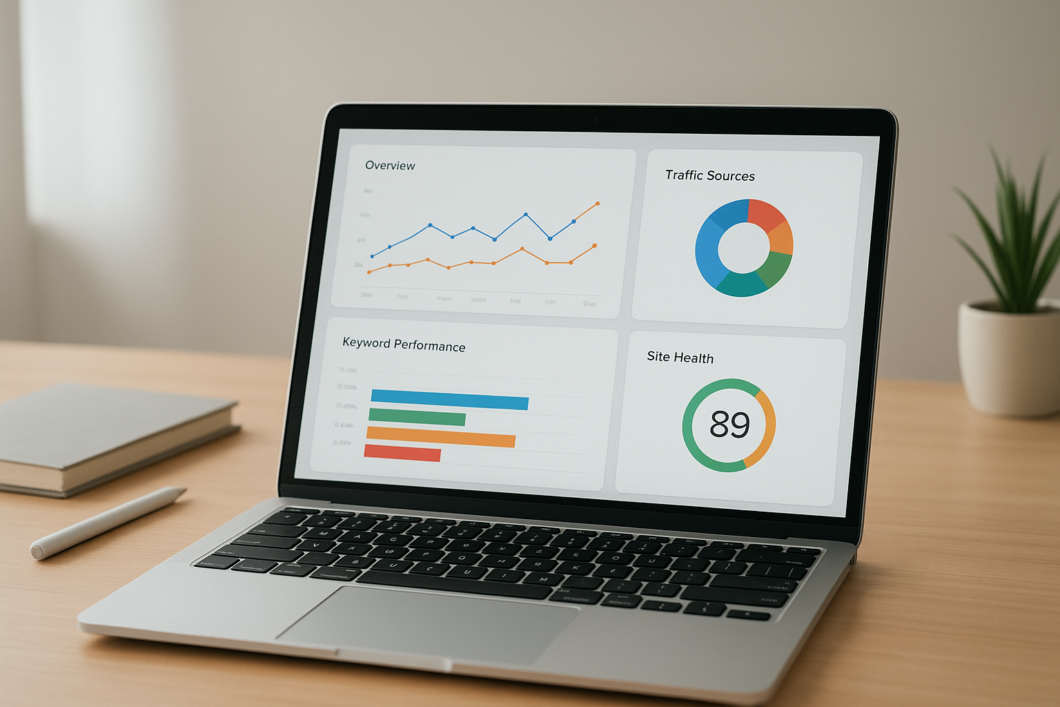 Laptop screen showing personalized SEO tools dashboard with keyword and ranking charts