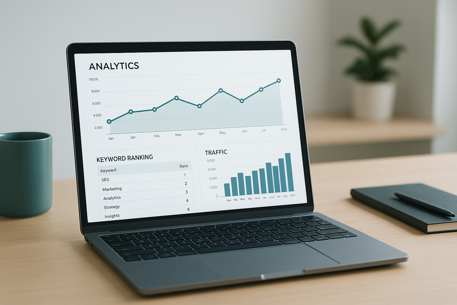 Dashboard displaying performance tracking SEO tools with ranking and traffic charts