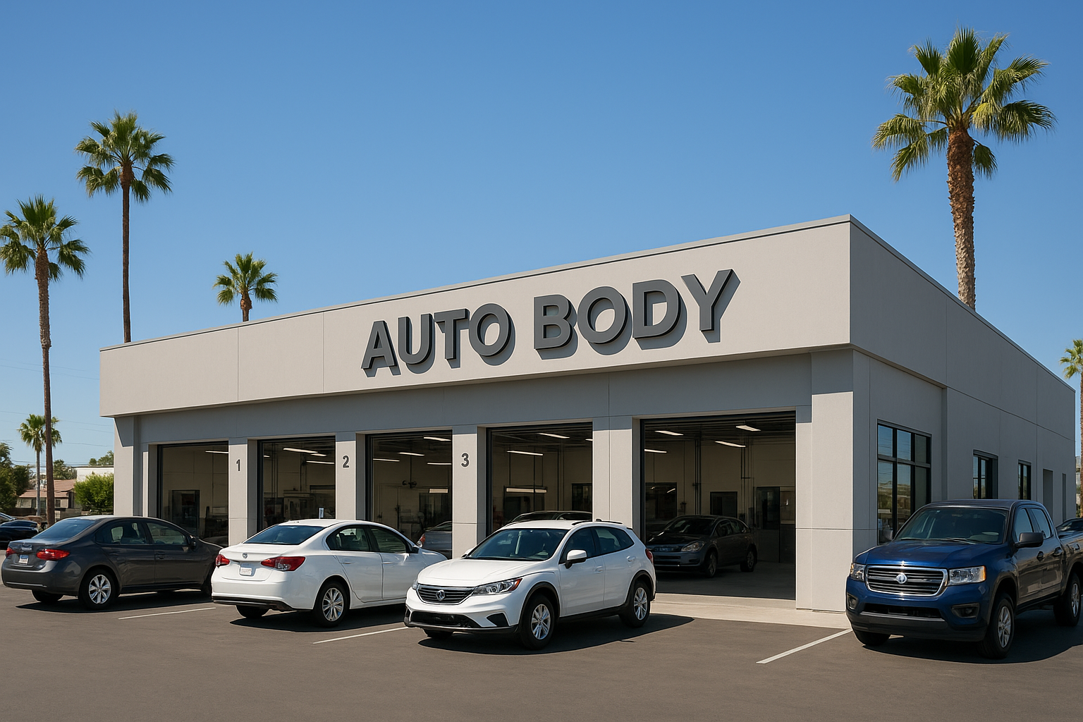 Exterior view of a modern NB body shop with multiple repair bays in Newport Beach California