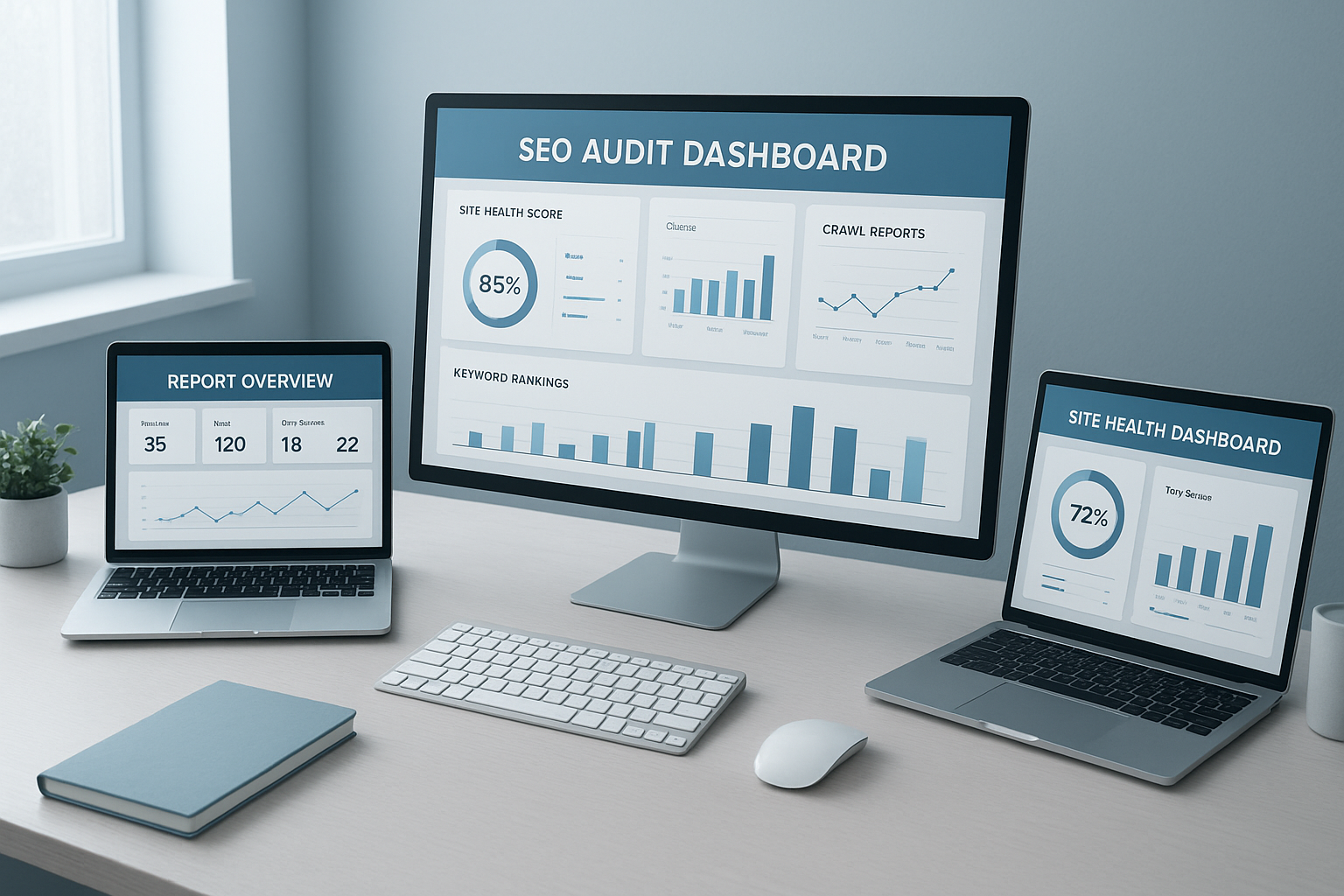 SEO audit dashboard displayed across multiple monitors showing site health scores and crawl data