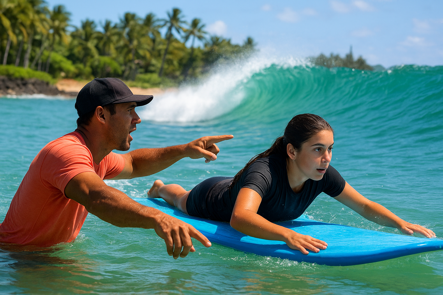 Oahu surf coach directing a student toward an incoming wave during a coaching session
