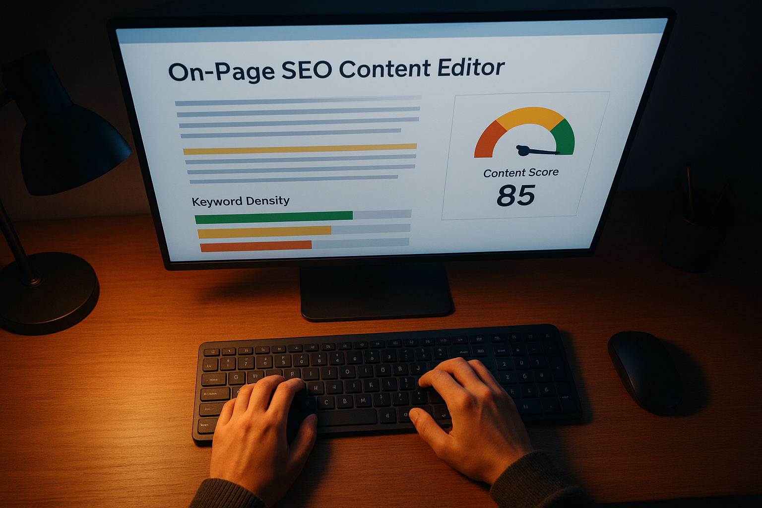 On-page SEO content editor showing keyword density scores and optimization suggestions