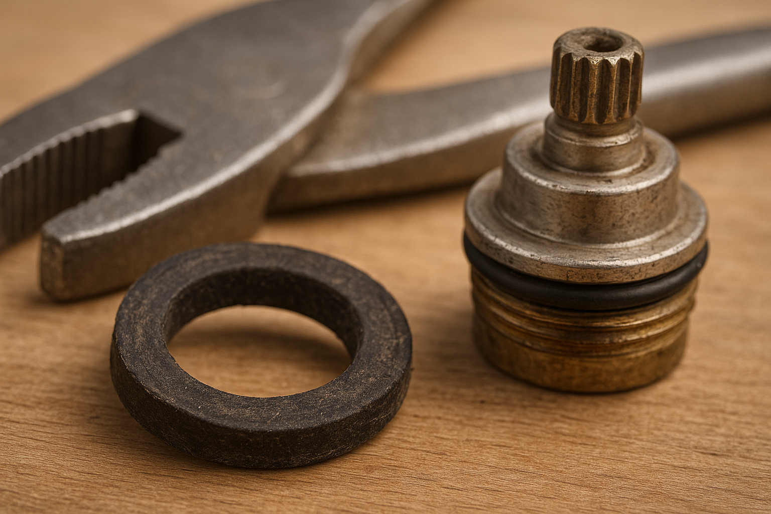 71e47d1f_faucet-cartridge-washer-parts Worn washer and cartridge parts replaced during a plumbing fixture repair visit