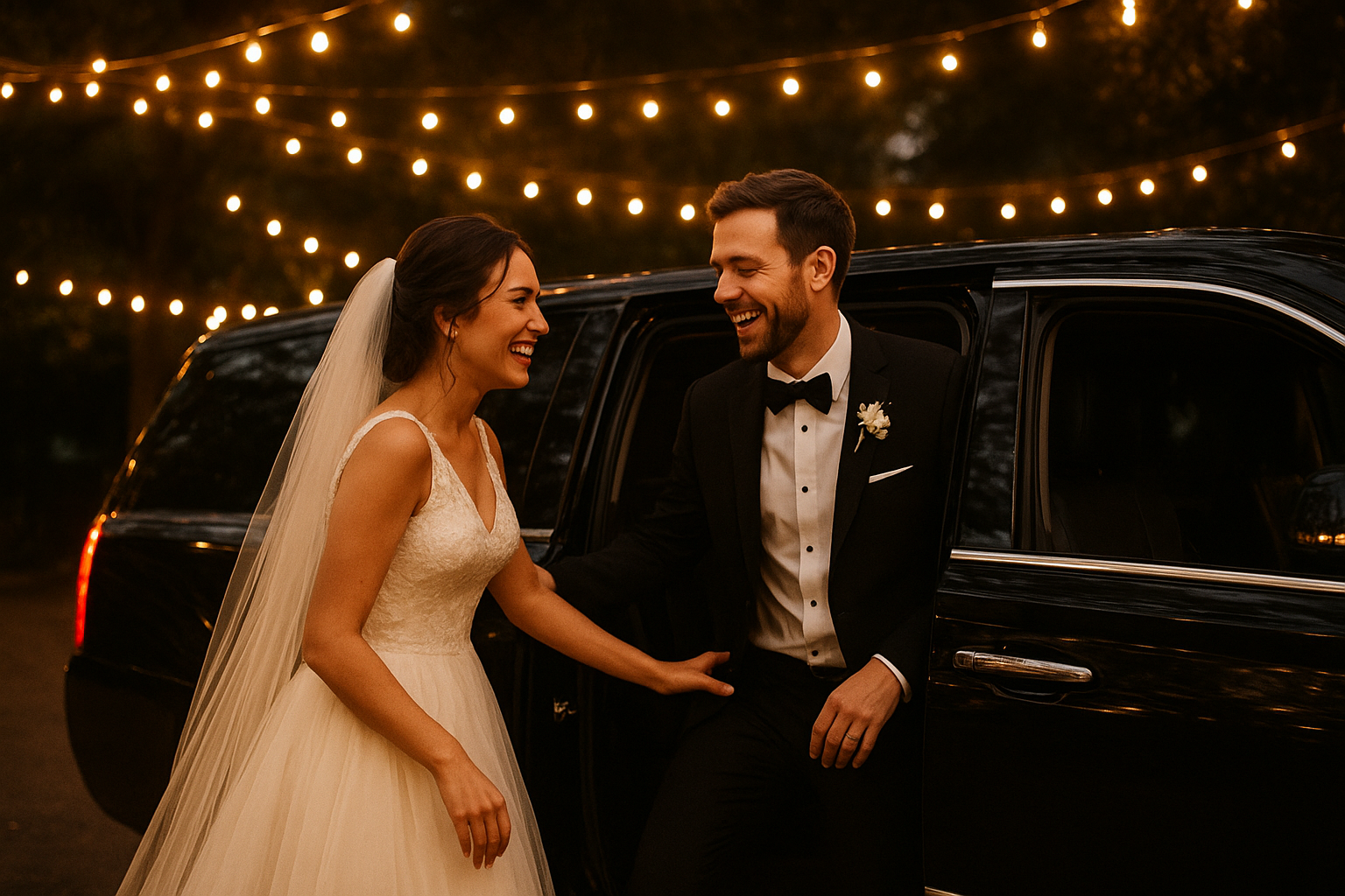 Bride and groom boarding a five-star limousine after their wedding