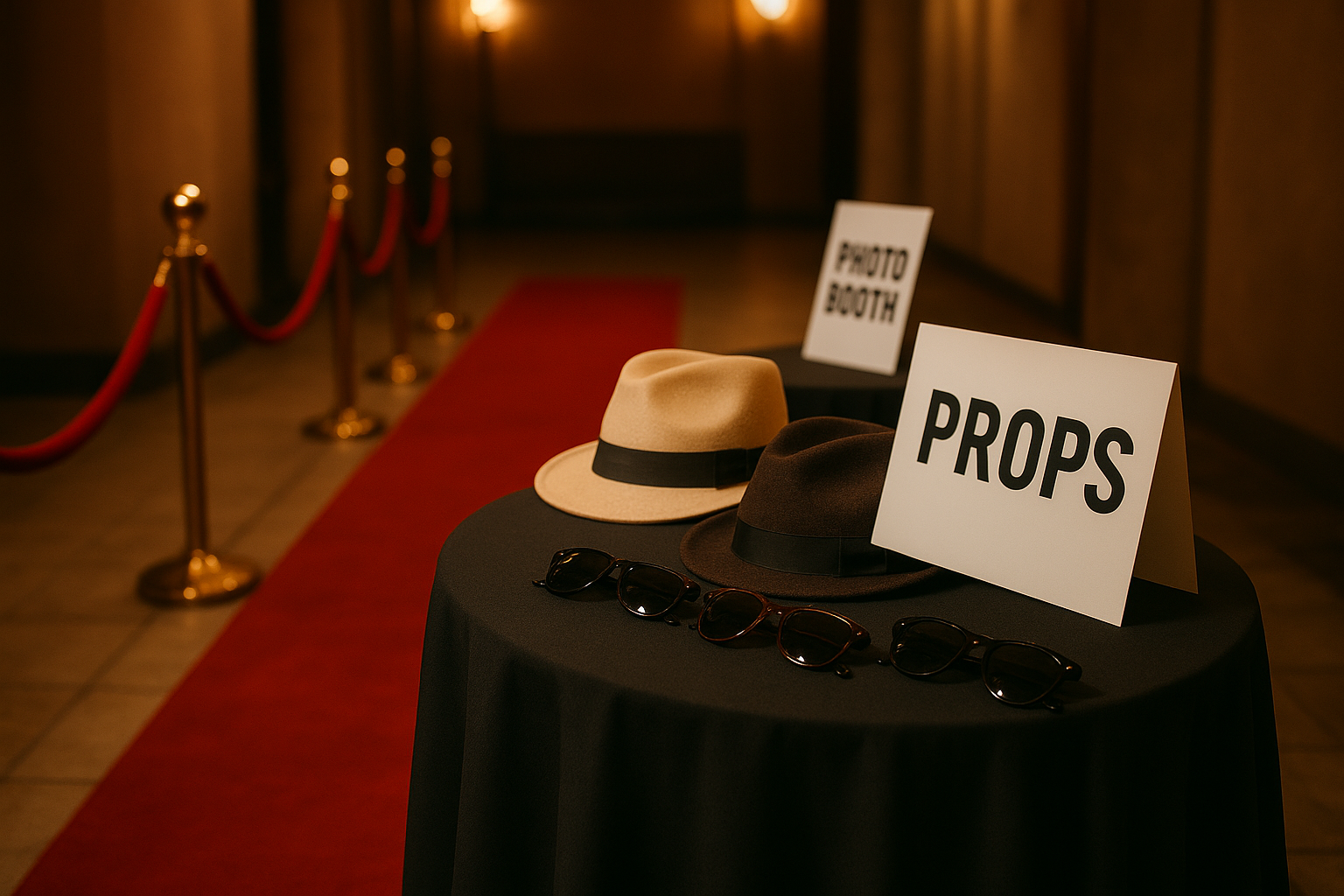 prop table and red carpet backdrop set up for a photo booth rental at a corporate event