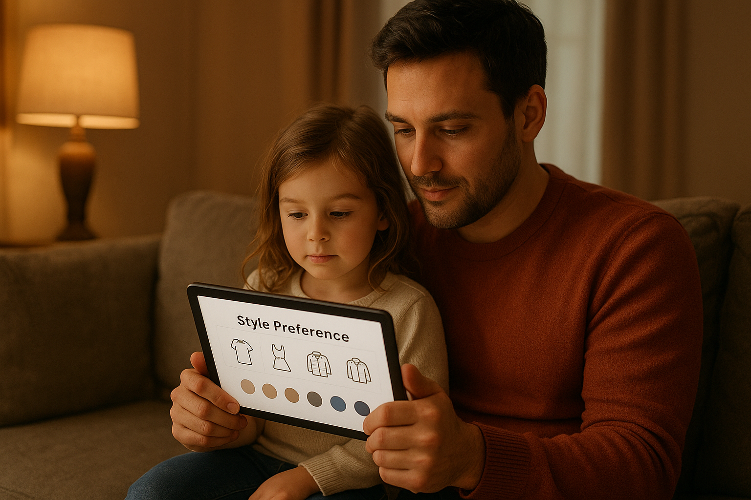 Parent and child filling out a style profile for a kids clothing subscription service on a tablet