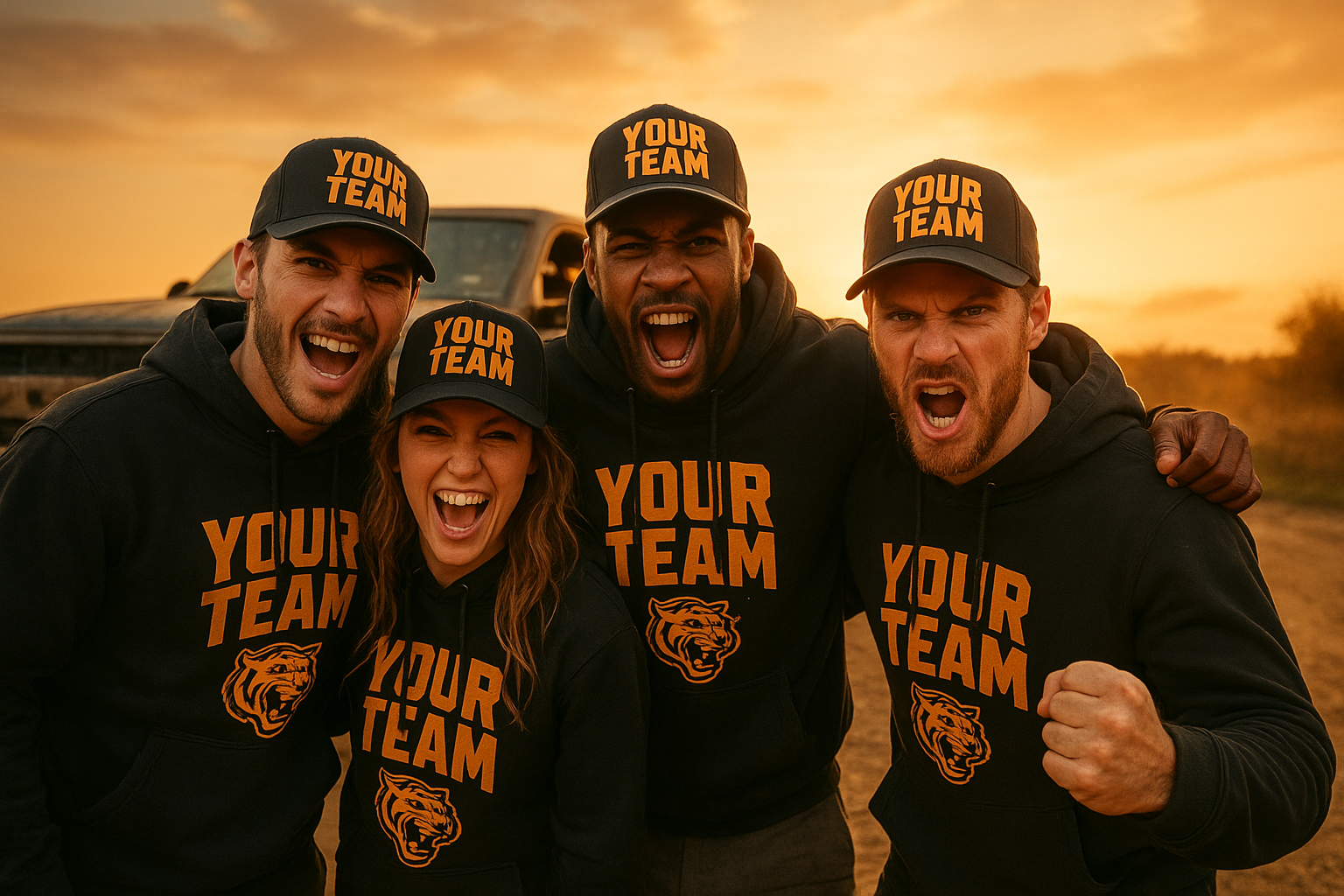 Team wearing matching custom sportswear hoodies and caps outdoors