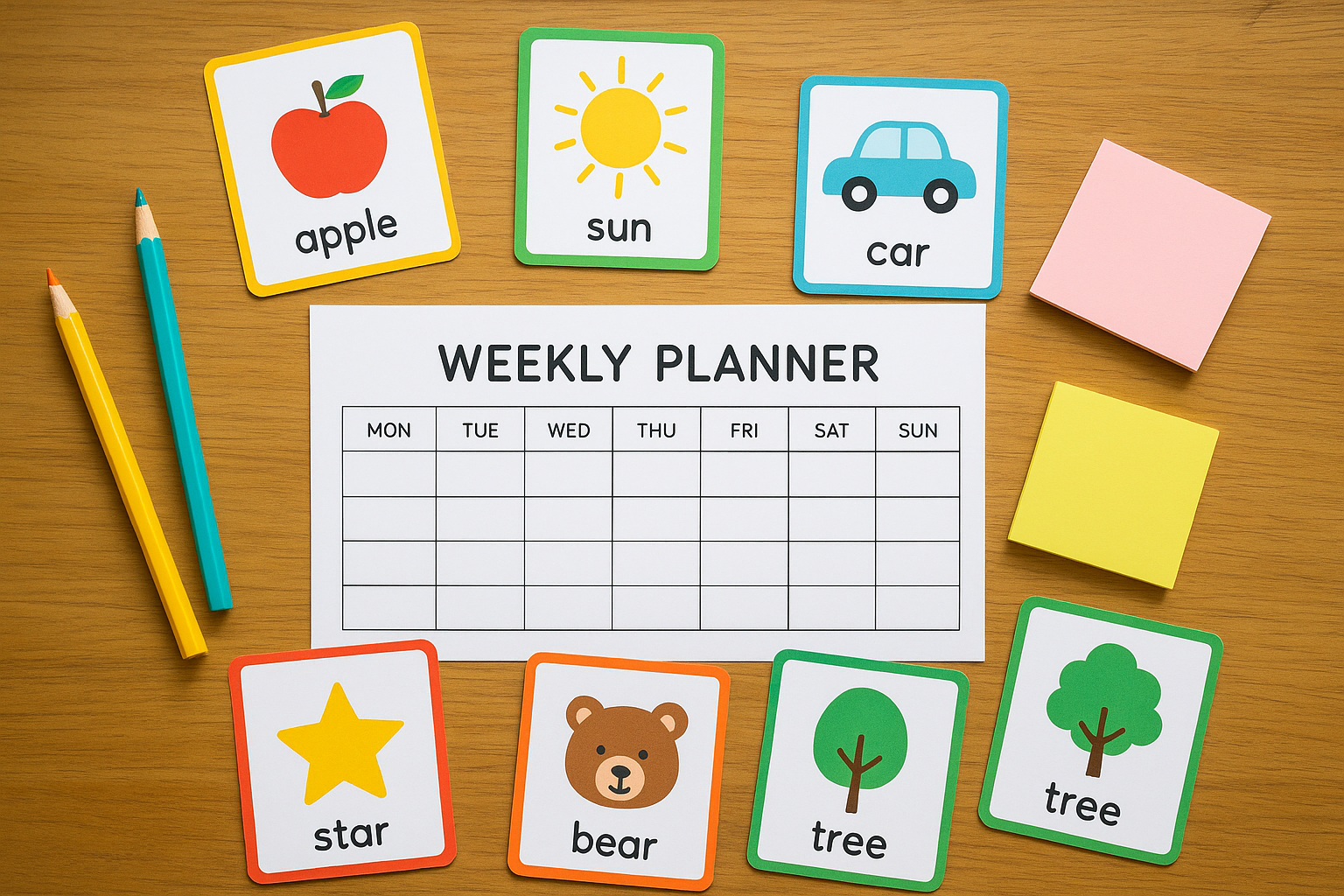 Weekly planning calendar with core vocabulary picture cards for speech therapy sessions