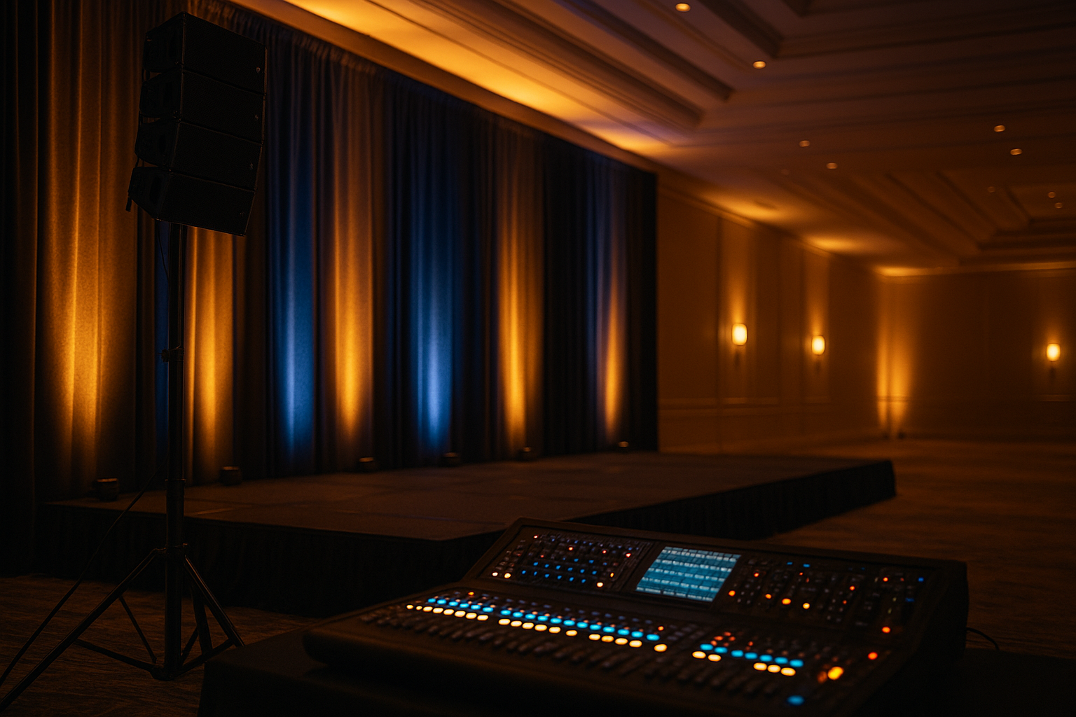 Event AV specialists near me setting up stage lighting and sound equipment at a Tri-State venue