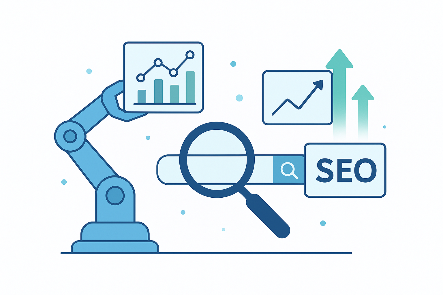 Automated SEO ranking software robot illustration showing keyword tracking and optimization processes