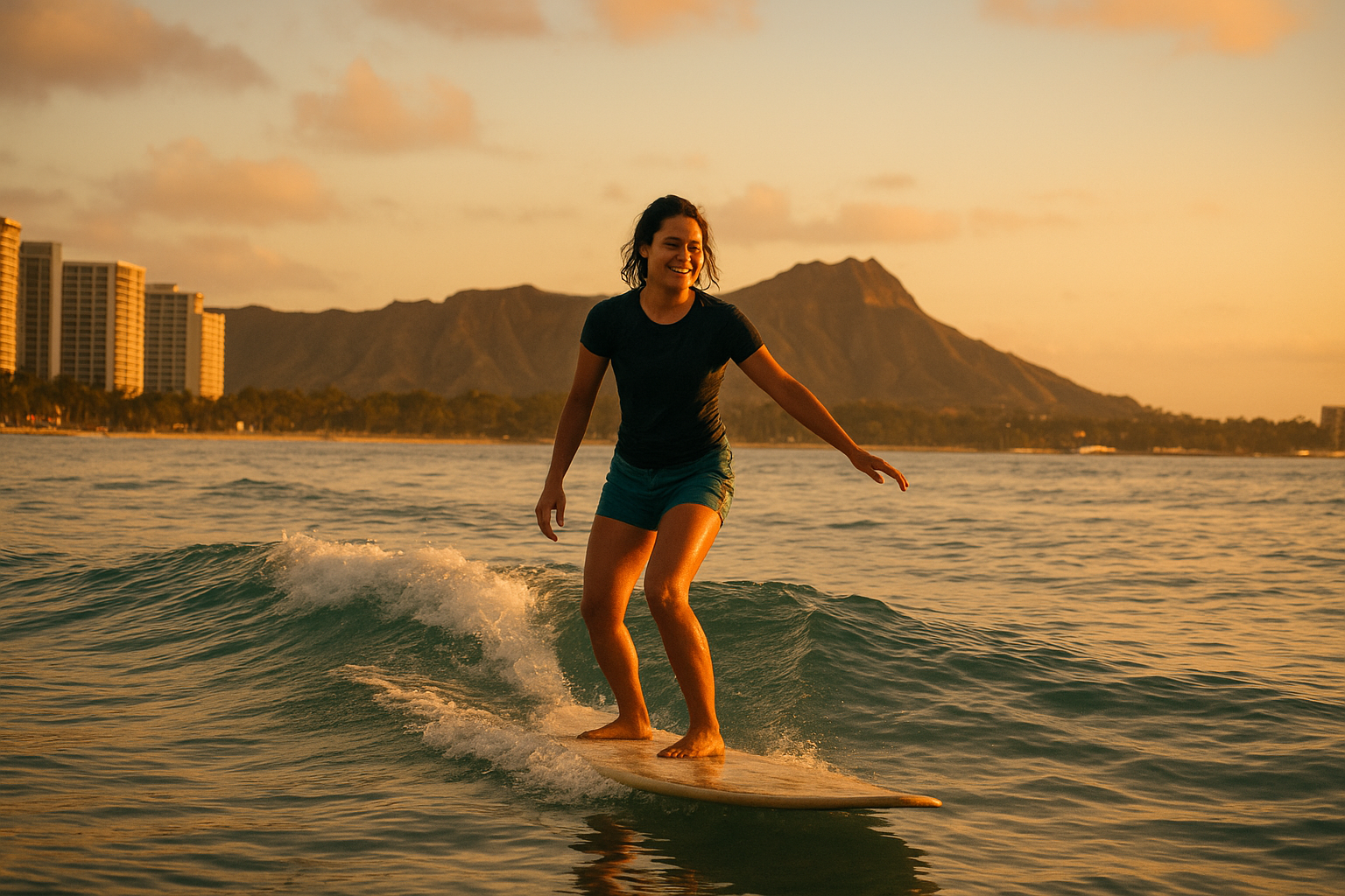 Surfer riding a gentle wave with Diamond Head in the background during a Honolulu surf lesson