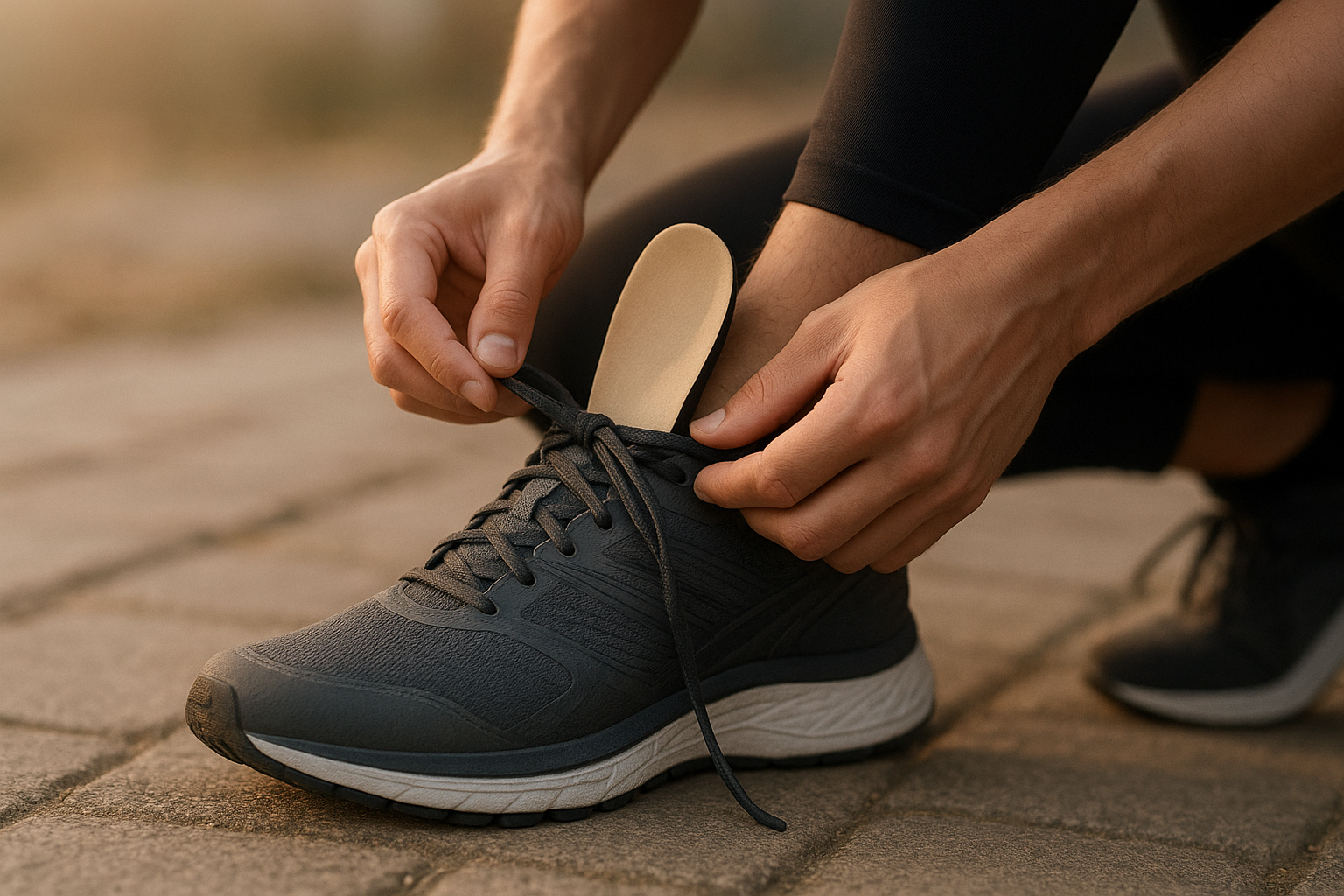 Runner inserting best orthotics for running into athletic shoe