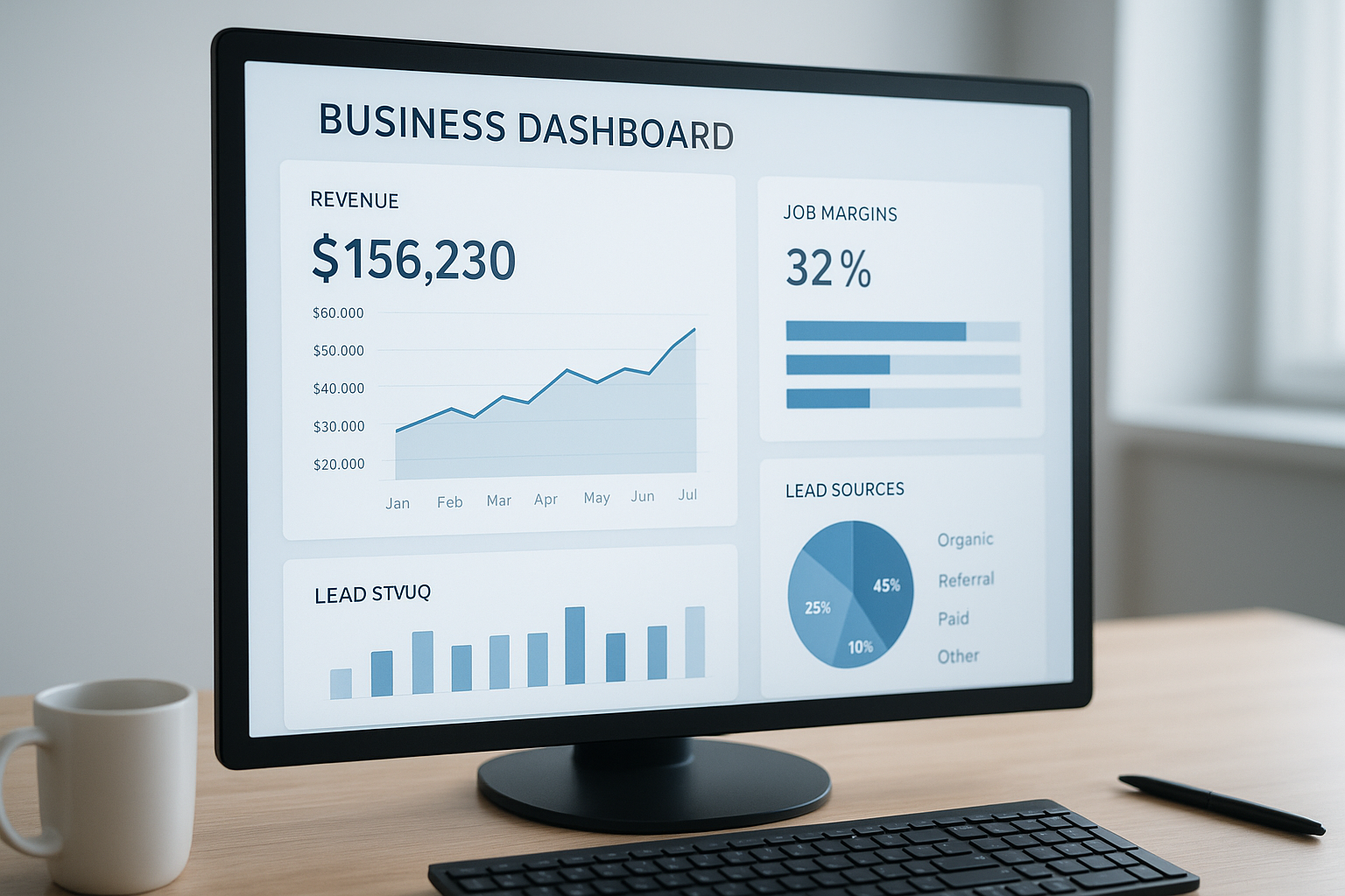 CEO dashboard showing margin and lead source metrics for an HVAC business