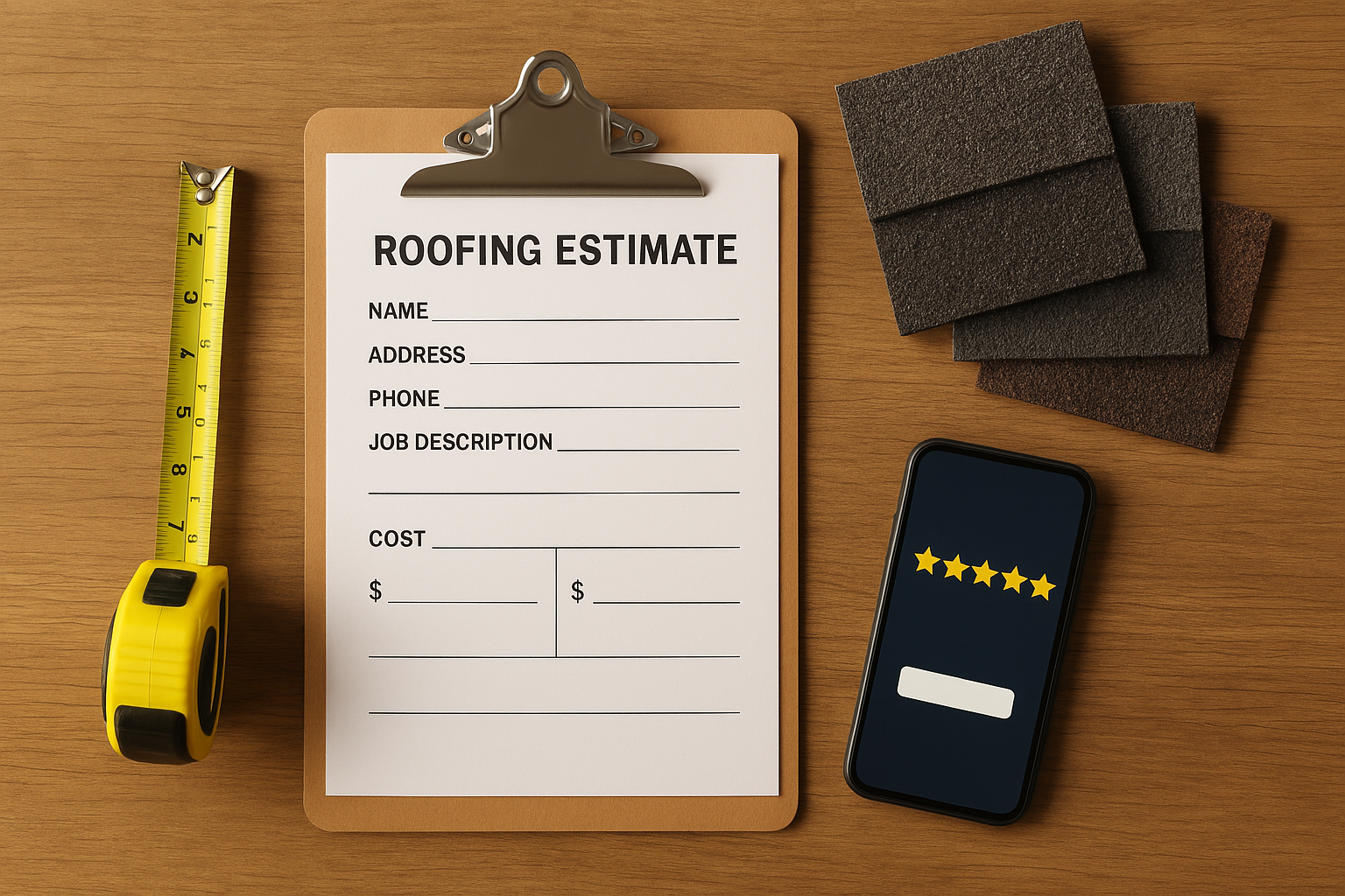 Roofing estimate documents and review ratings laid out together representing competitor research