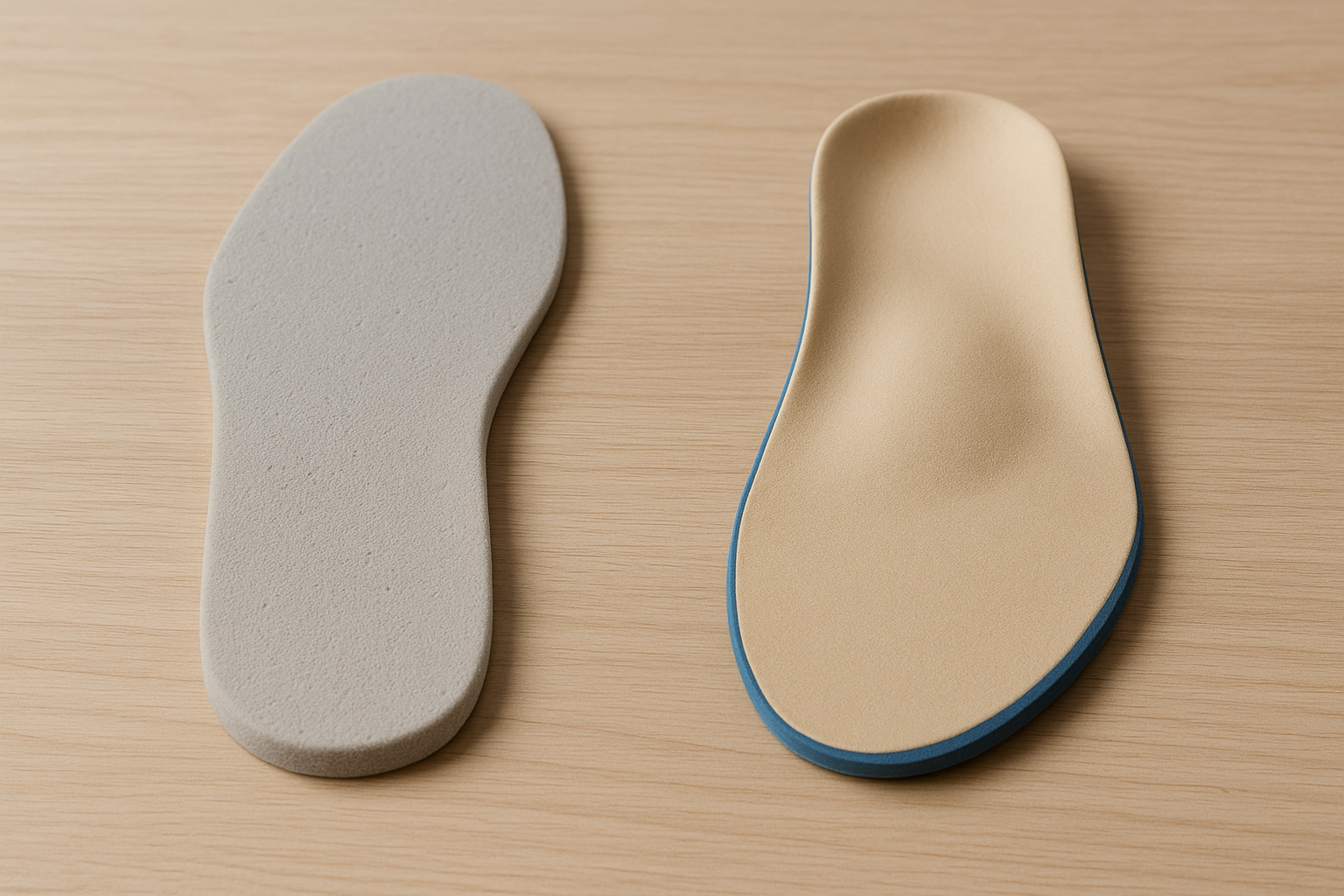 Side by side comparison of a standard foam insole and a custom molded orthotic insole