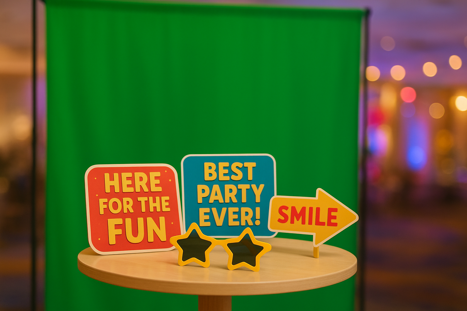 Green screen backdrop and prop table used for a photo booth rental at a Kentucky event