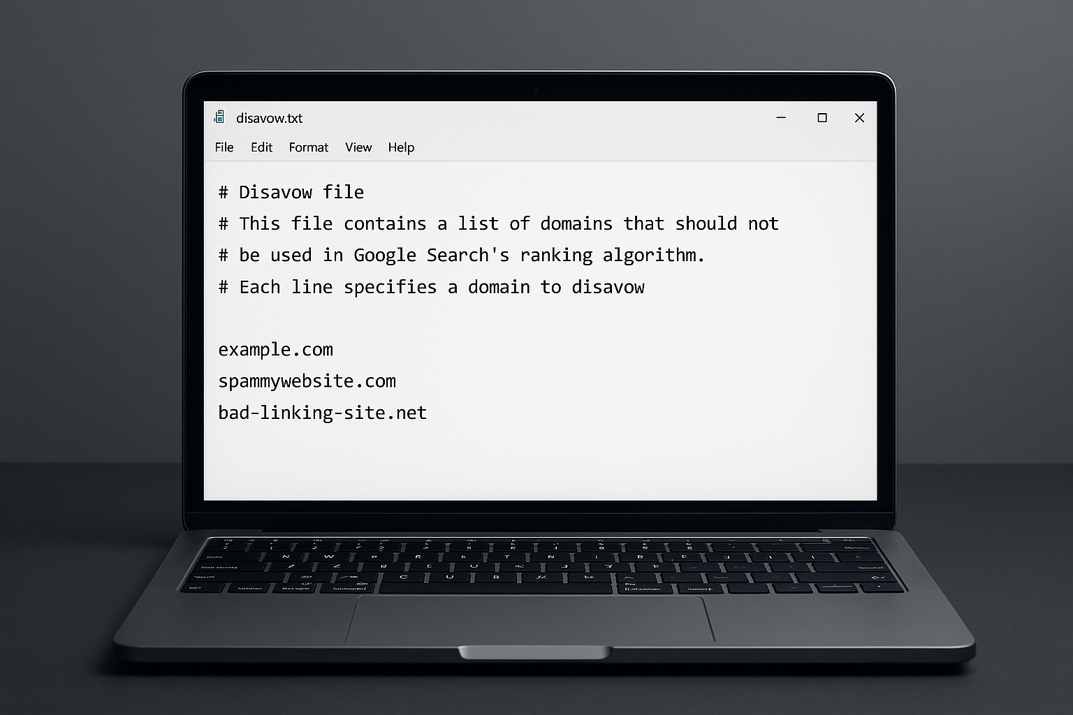 Example of a properly formatted disavow file open in a plain text editor